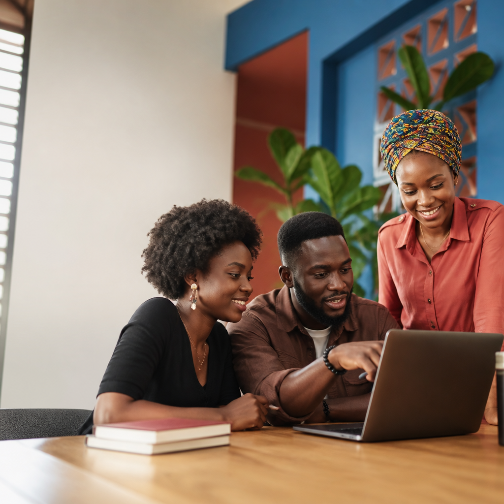 Students learning together around a laptop